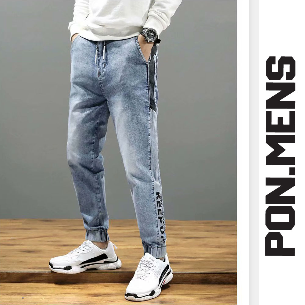 Quần Jogger Jeans nam màu xám lông chuột chữ in bó gấu lưng chun 7027 pon.mens