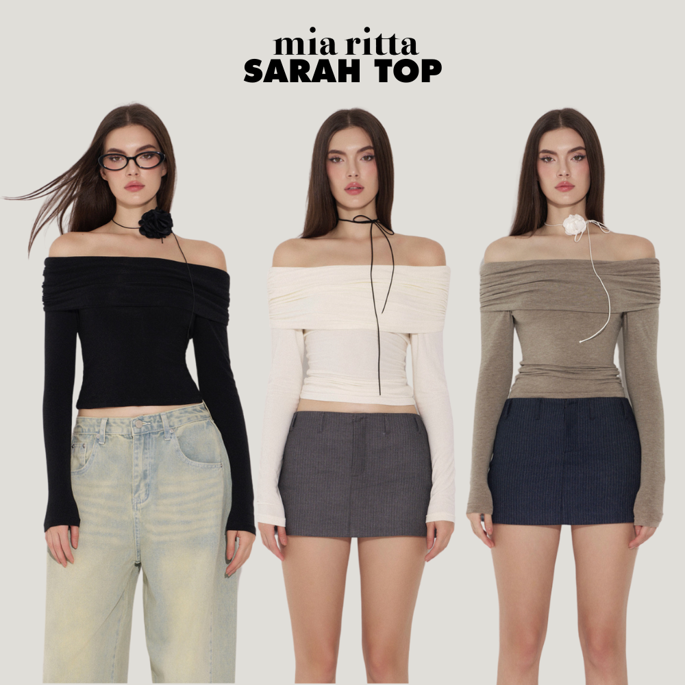 Áo thun Sarah Top Mia Ritta A2177 - Áo thun mỏng trễ vai buộc nơ lưng - Áo thun hở vai dài tay