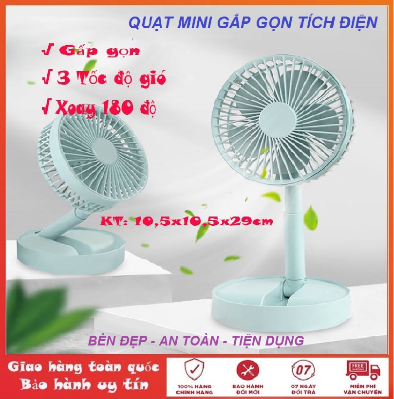 [Hàng chuẩn - Giá bèo] Quạt mini tích điện để bàn, cầm tay siêu bền có thể gấp gọn với 3 chế độ làm mát, xoay tay 180 độ + Tặng kèm Pin và Cáp sạc
