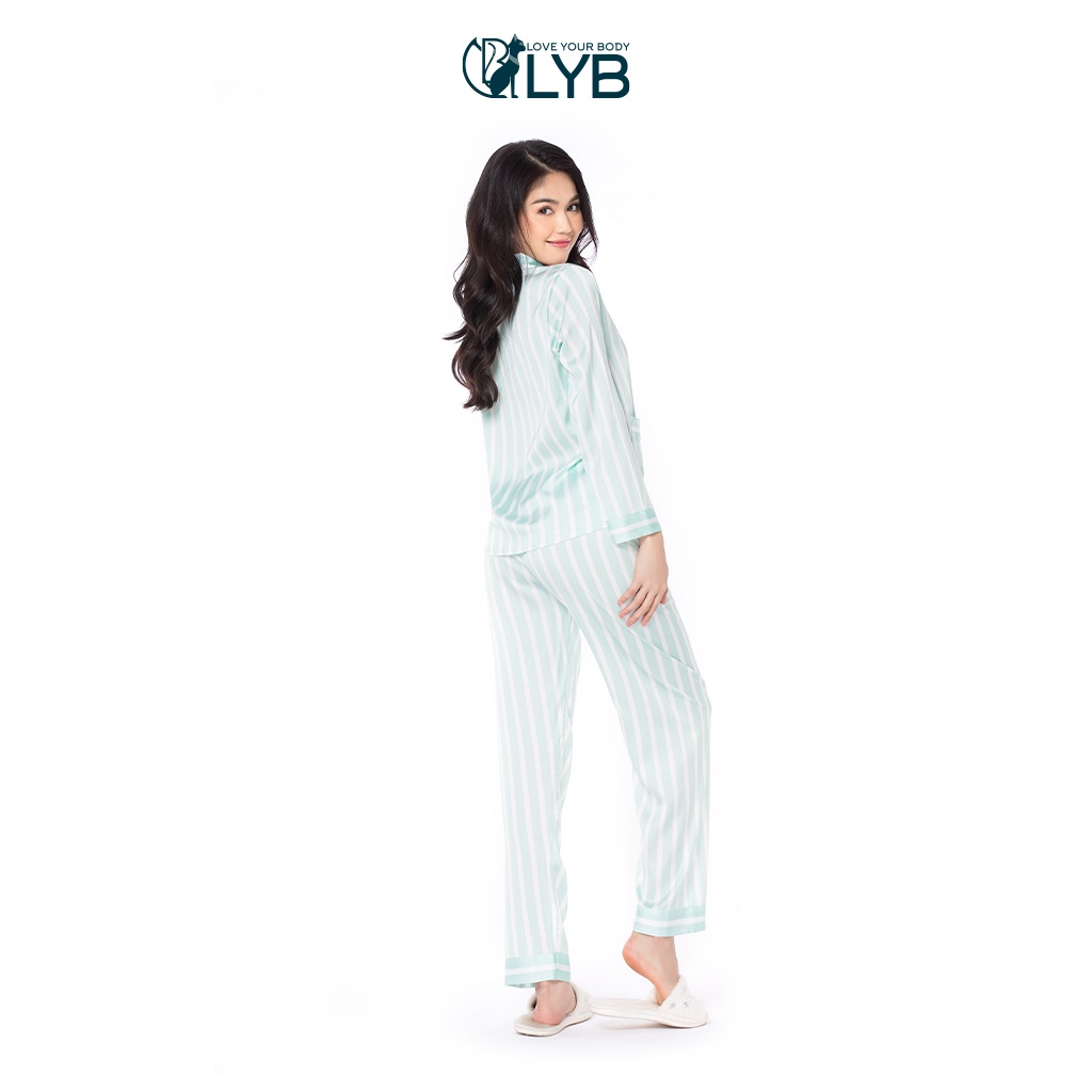 Đồ ngủ lyb bộ pijama lụa dài tay xanh in sọc fw22-h00012