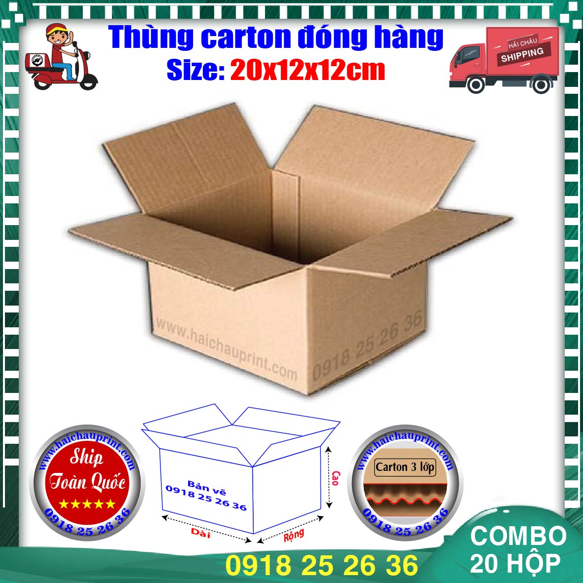 20 Thùng Carton HC0051 - 20x12x12cm Hộp Carton Đóng Hàng [Hải Châu] Carton 3 Lớp Cứng Cáp, Tiết Kiệm Thời Gian, Nâng Cao Giá Trị Sản Phẩm...