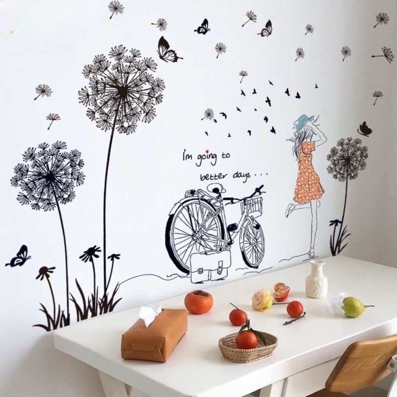 Decal dán tường bồ công anh và cô gái bên xe đạp siêu dễ thương