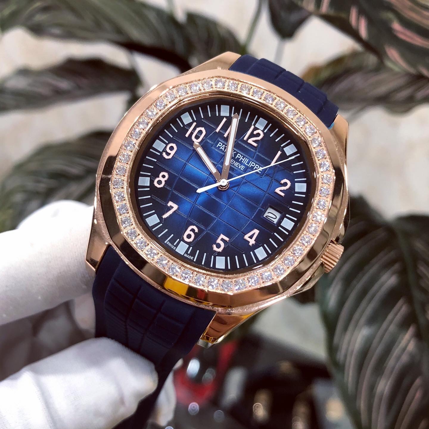 Đồng hồ Nam Pan-tek đồng hồ cơ Automatic mặt xanh viền vàng đính đá size 41-42mm