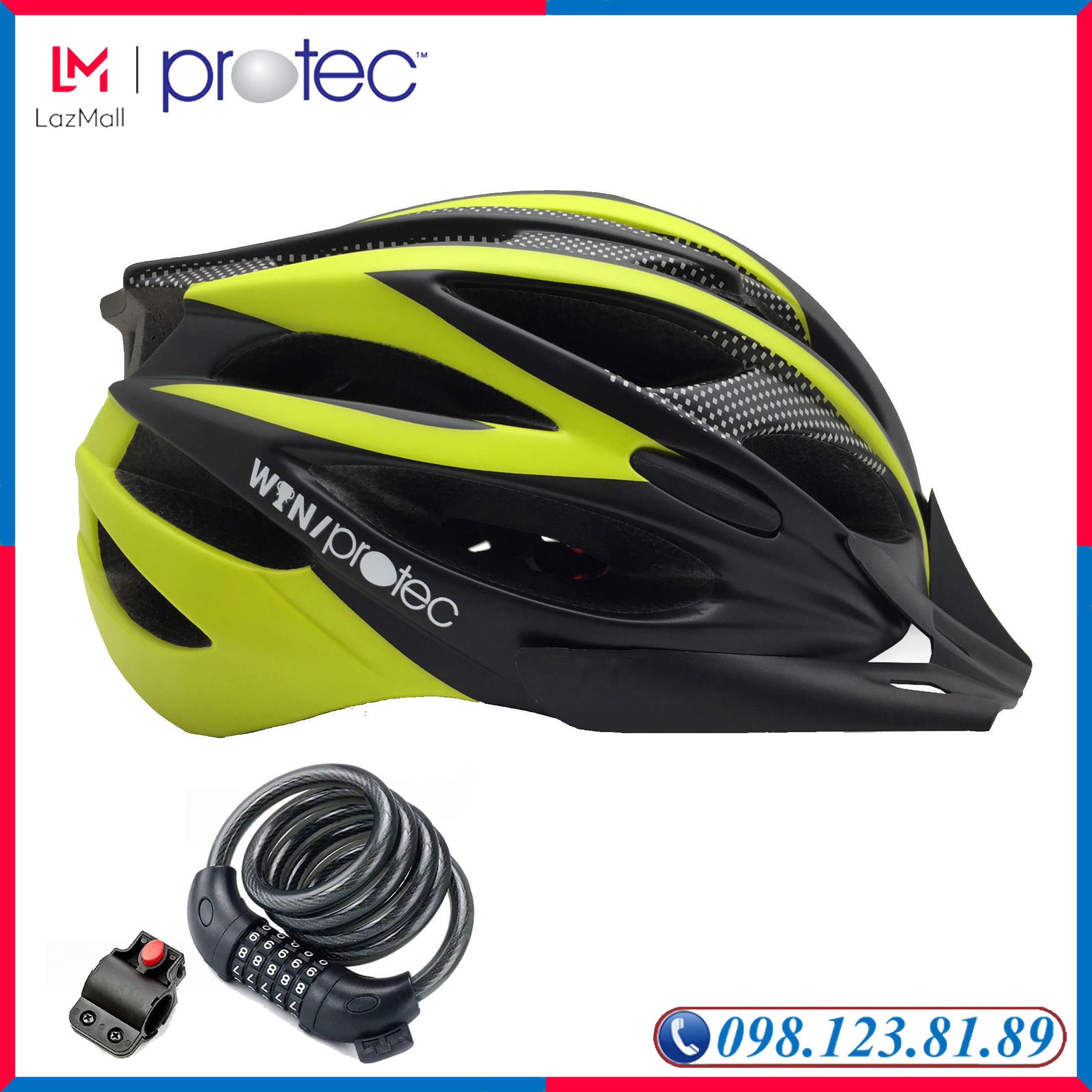 Combo Mũ Bảo Hiểm Xe Đạp Người Lớn Cao Cấp Tiêu Chuẩn Châu Âu, Thời Trang, An toàn, Năng Động Protec Win 002 + Khóa Dây Mật Mã, Chống Trộm An Toàn, 5 Mã Số Bảo Mật - PROTEC HELMET