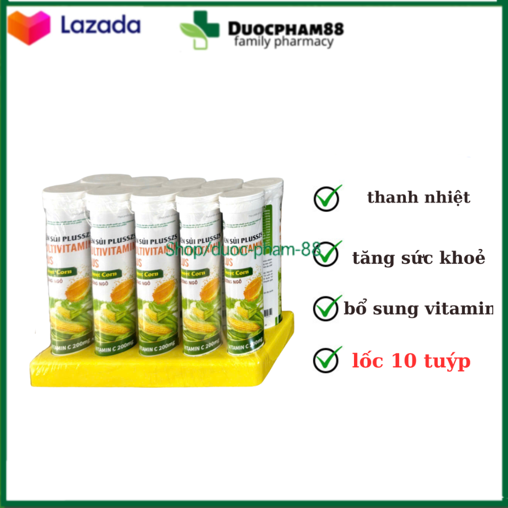 Combo 10 tuýp Viên Sủi Plusszs Multivitamin Plus Hương Ngô giúp thanh nhiệt, mát gan lốc 10 tuýp x 20 viên