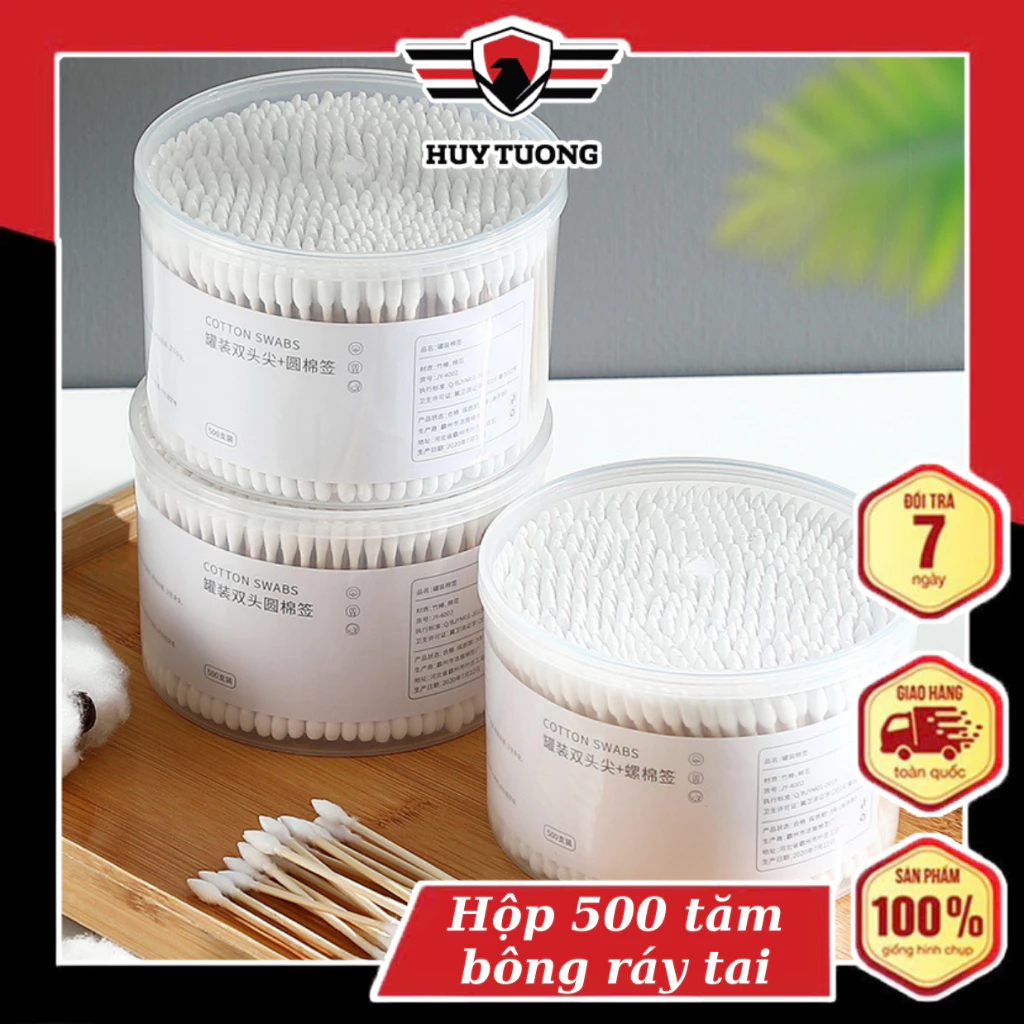 Hộp 300 tăm bông ráy tai cao cấp, thân gỗ 2 đầu cứng cáp, bông cotton mềm mại, thấm hút tốt