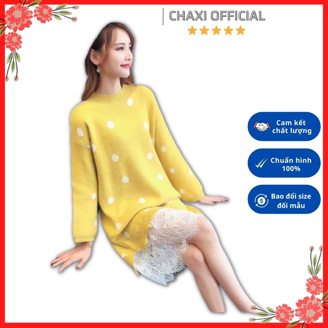 Hàng Quảng Châu - Váy Đầm Len Suông Chân Phối Ren Họa Tiết Chấm Bi Siêu Xinh - DL38332