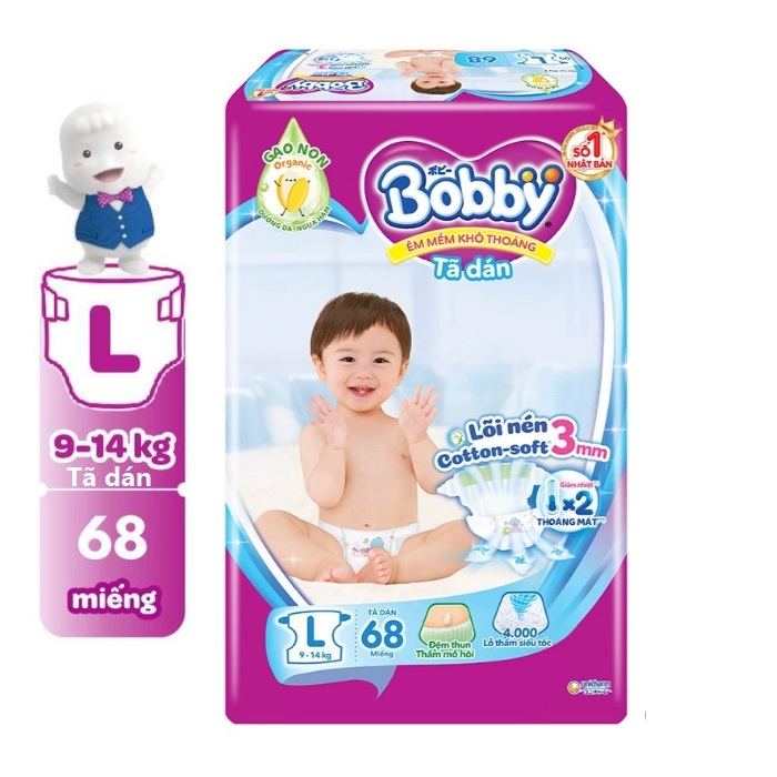 [HCM] Bỉm / Tã dán Bobby size L68 (68 miếng) cân nặng 9 đến 13 kg