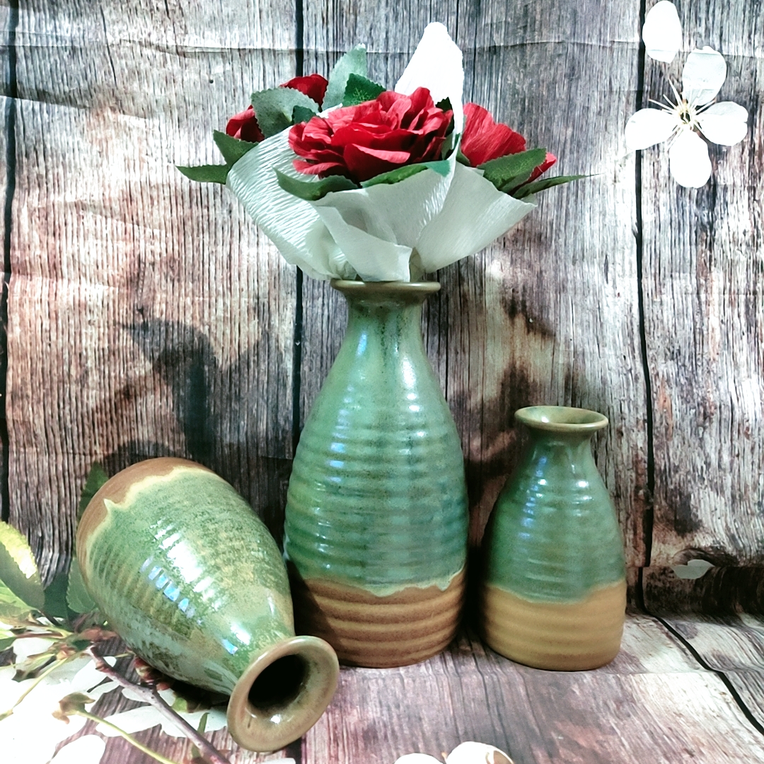 Bình gốm men hỏa biến - set 3 cái - dáng sa    --   kê màu xanh đế màu cam đất