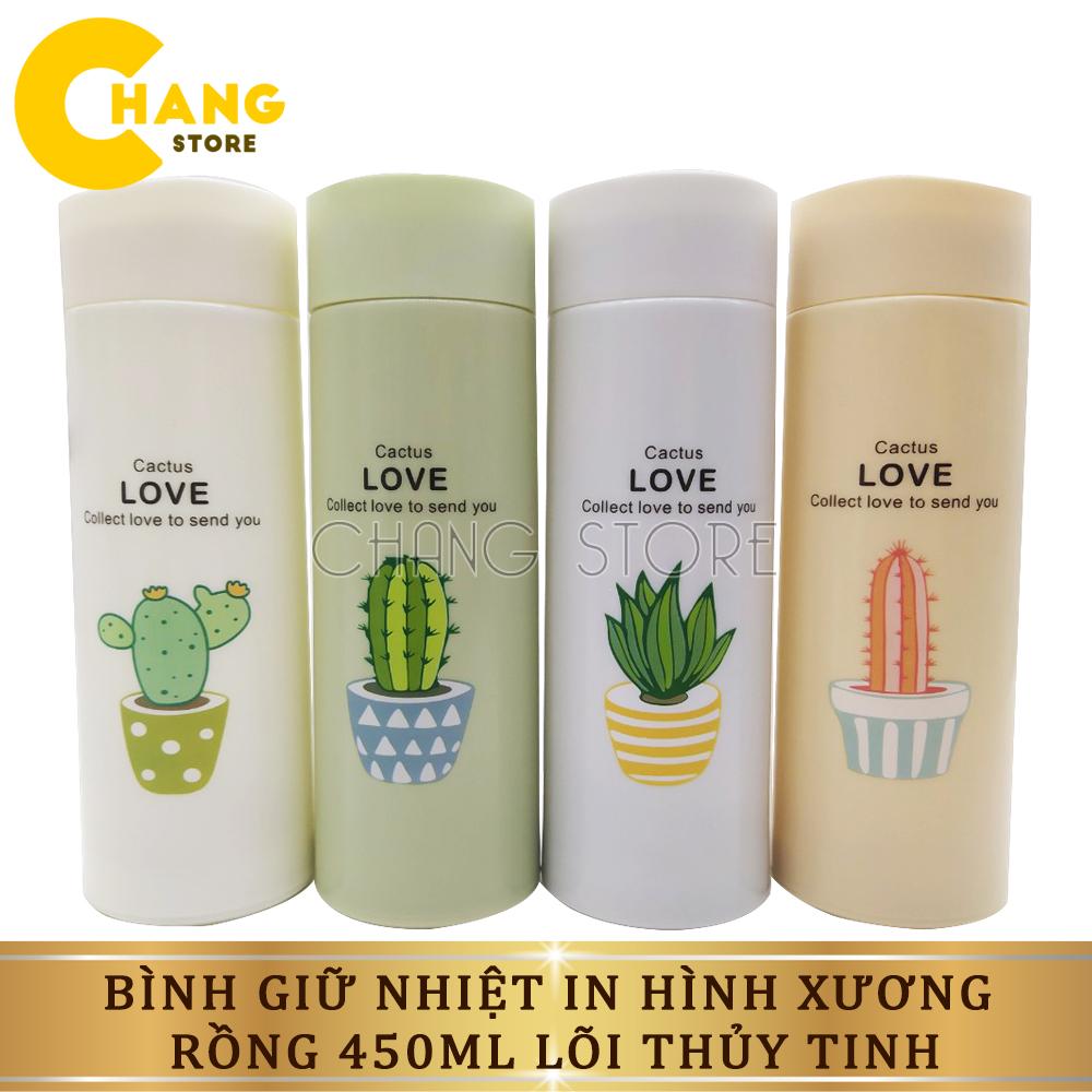 Bình Giữ Nhiệt In Hình Xương Rồng 450ml Lõi Thủy Tinh Bọc Và Nhựa Lúa Mạch Có Dây Sách Tiện Dụng
