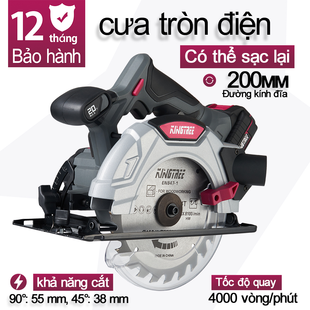 Máy cưa đĩa tròn cầm tay dùng pin Kingtree Tặng kèm 1 lưỡi cưa 165mm