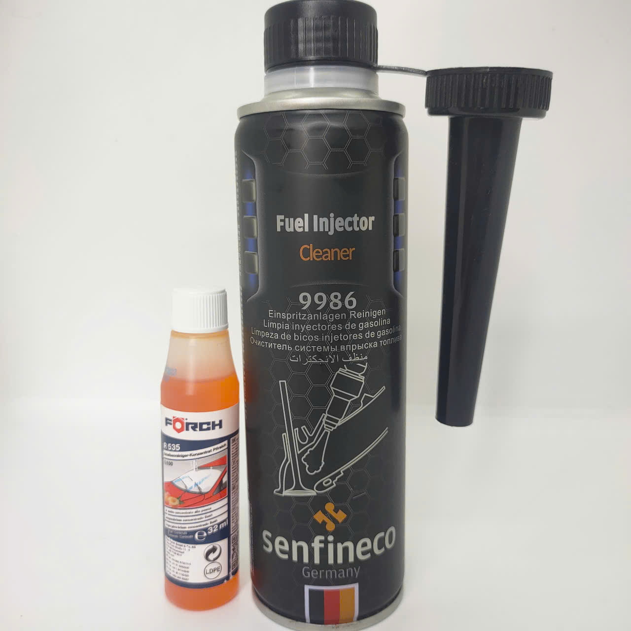 TẨY SẠCH CẶN BẨN BÁM ĐẦU PHUN XĂNG HIỆU SENFINECO 9986 VÀ CHAI PHA NƯỚC GẠT KÍNH FORCH R535 (Fuel Injector Cleaner 9986, 300ml and Windshield Cleaner 32ml)