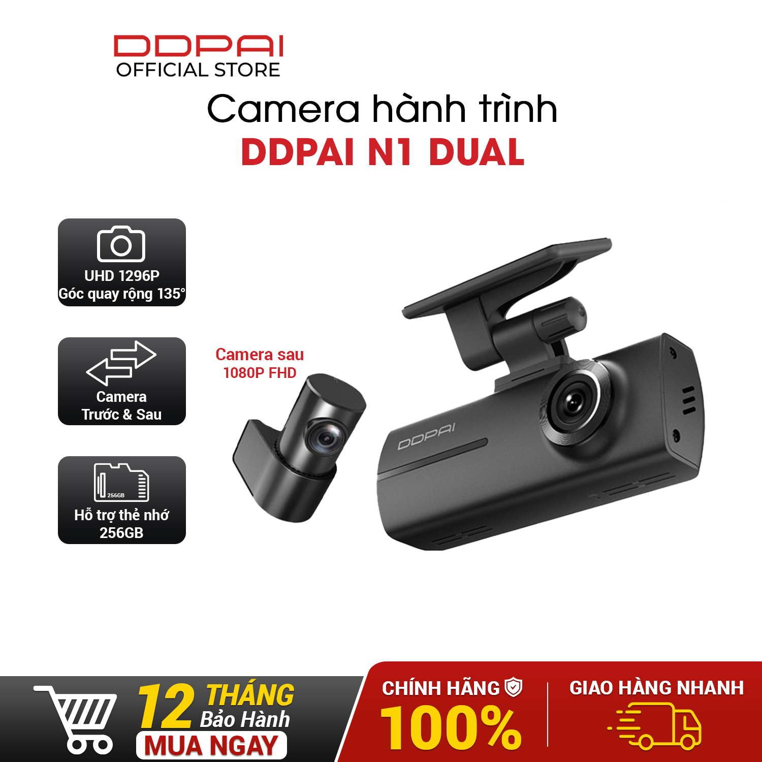 Camera Hành Trình Ô Tô DDPai N1 Dual Độ Phân Giải 1296P