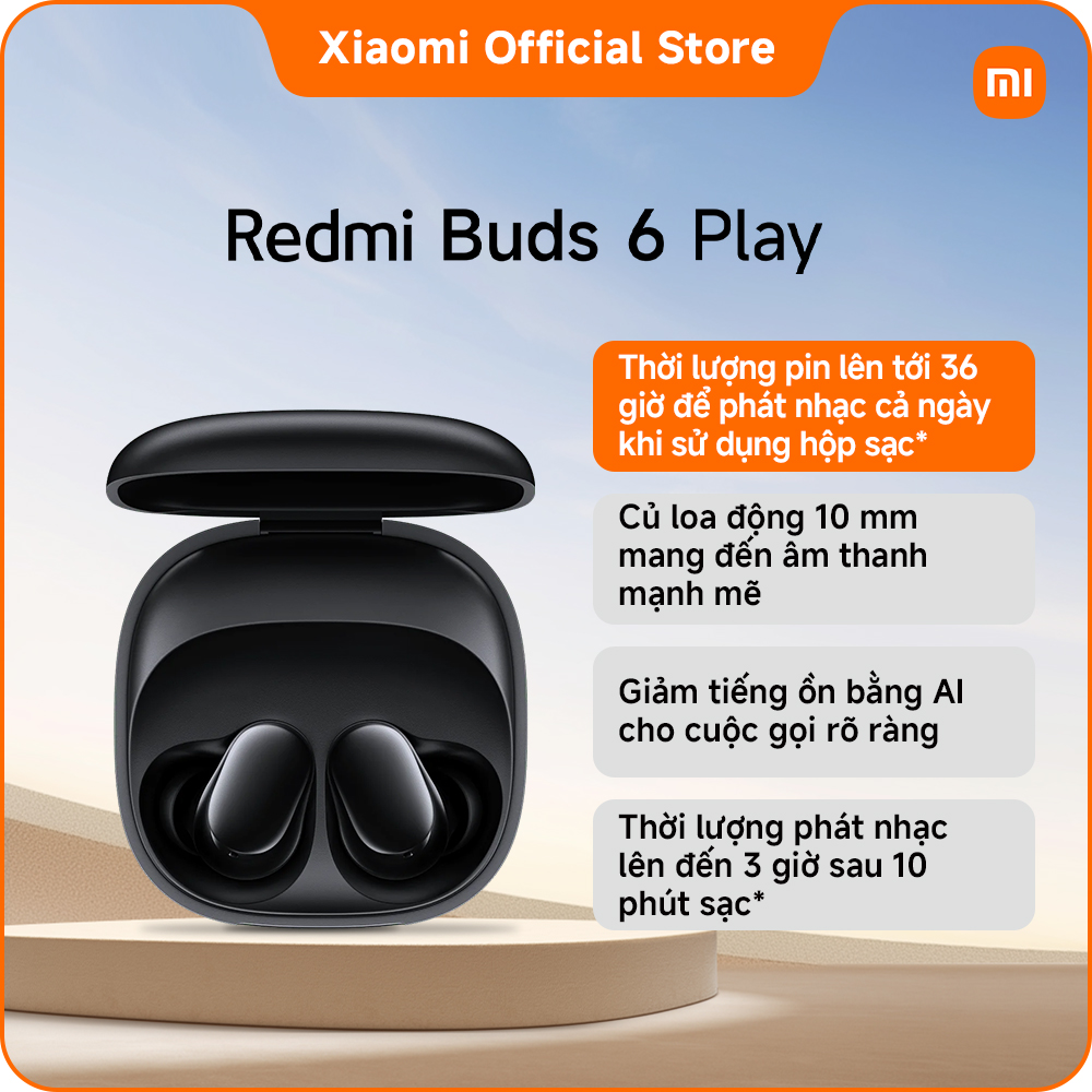 Tai nghe Bluetooth REDMI Buds 6 Play | Thời lượng pin lên tới 36 giờ | Củ loa động 10 mm mang đến âm thanh mạnh mẽ | Giảm tiếng ồn bằng AI cho cuộc gọi rõ ràng