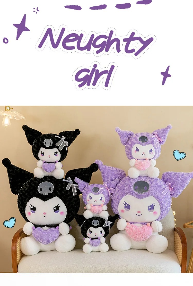 Thú nhồi bông kuromi ôm tim đáng yêu - Size từ 30cm đến 50cm - Quà tặng gấu bông hoạt hình kuromi êm mịn.