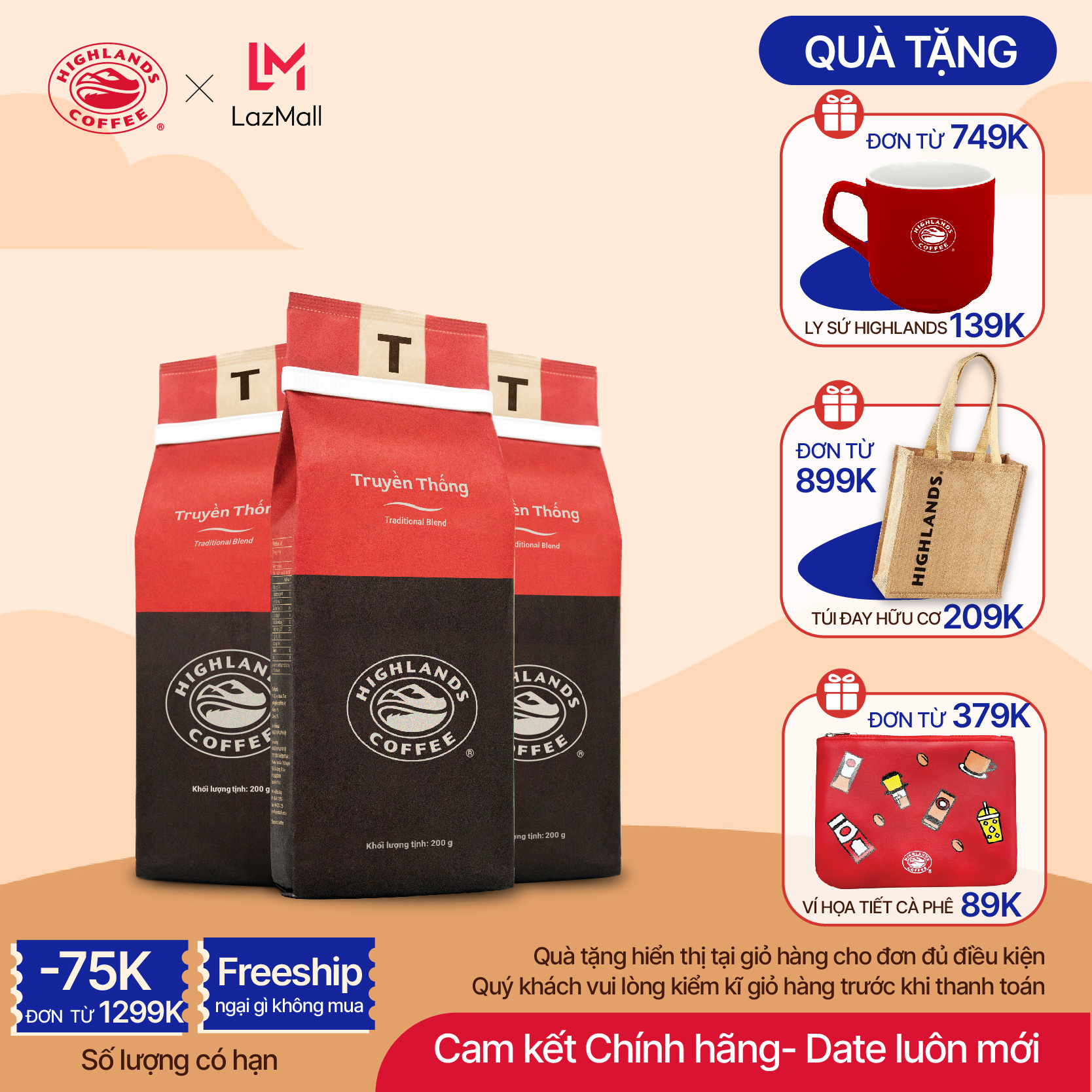 COMBO 3 gói Cà phê rang xay Truyền Thống Highlands Coffee 200g