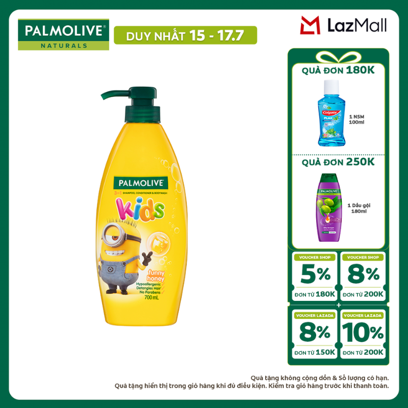 [Chỉ 15-17.7_X2 Voucher giảm đến 18%] Dầu gội 3 trong 1 Palmolive Kids Minion tắm gội xả toàn thân cho bé từ 3 tuổi, hương mật ong, dịu nhẹ, không kích ứng