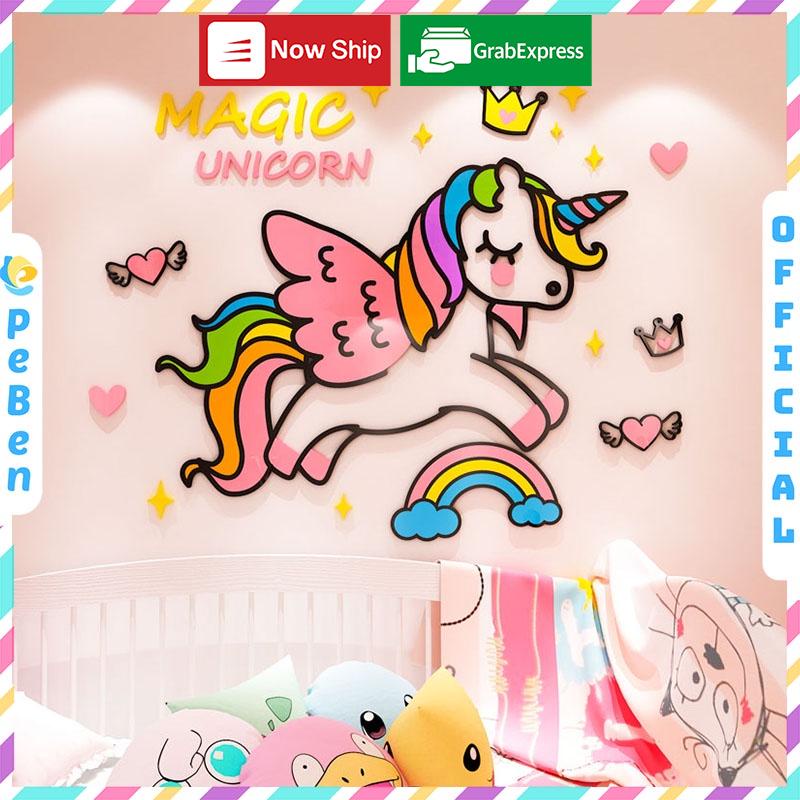 Tranh mica EPeBen dán tường nổi 3d hình unicorn kỳ lân đáng yêu decor trang trí phòng cho bé, mầm non