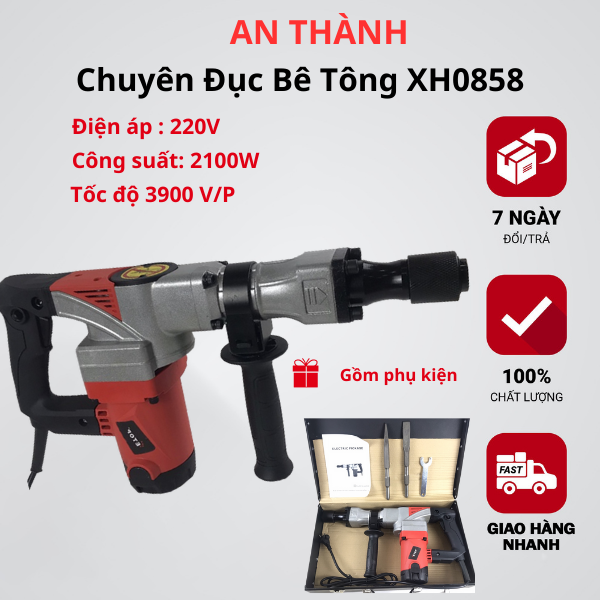 Máy đục phá bê tông công suất lớn 2100w, Máy chuyên đục ETOP XH0858 tặng kèm 2 mũi đục và vali sắt chuyên dụng