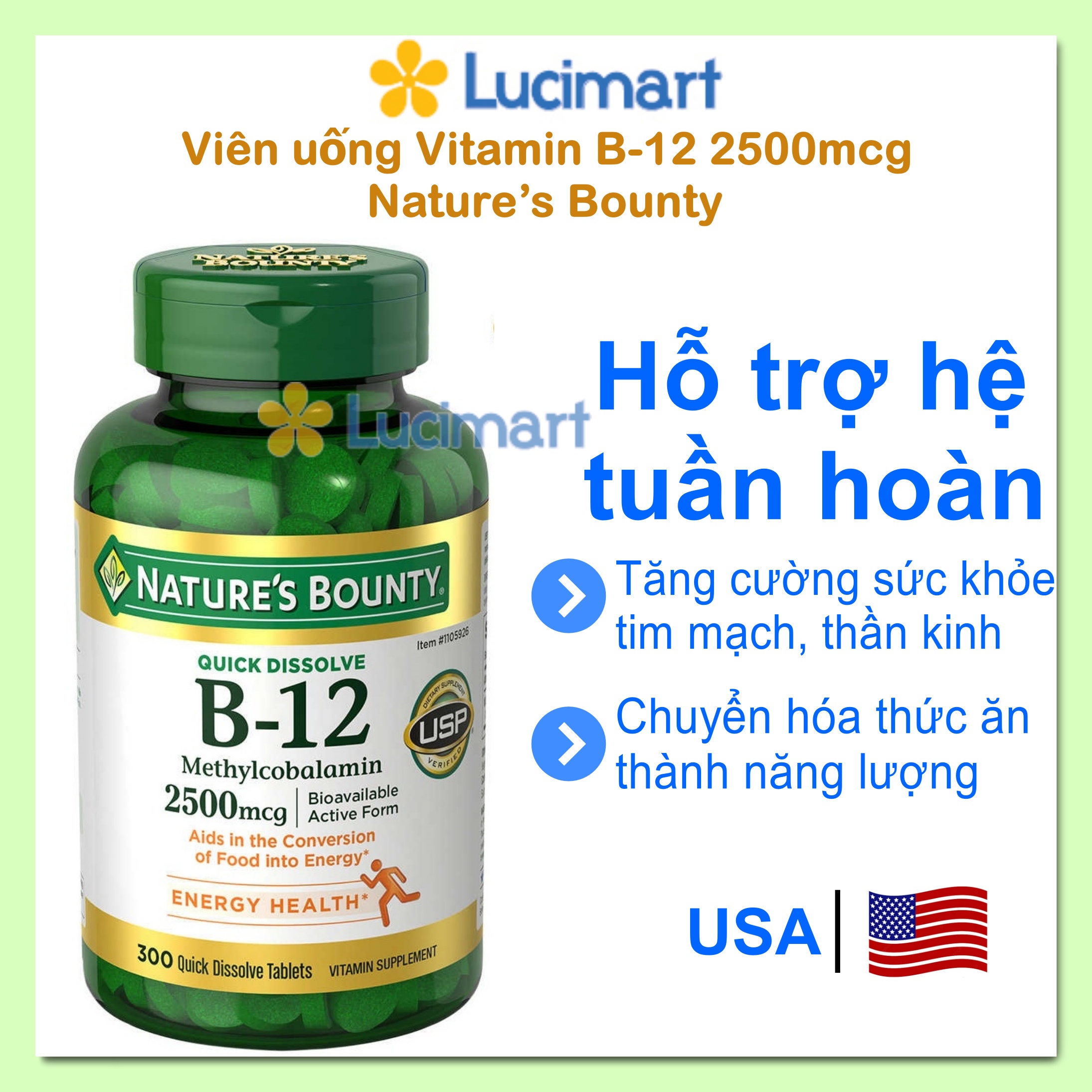 [HCM]Vitamin B12 Nature’s Bounty viên hòa tan nhanh [Hàng Mỹ hạn dùng 2026]