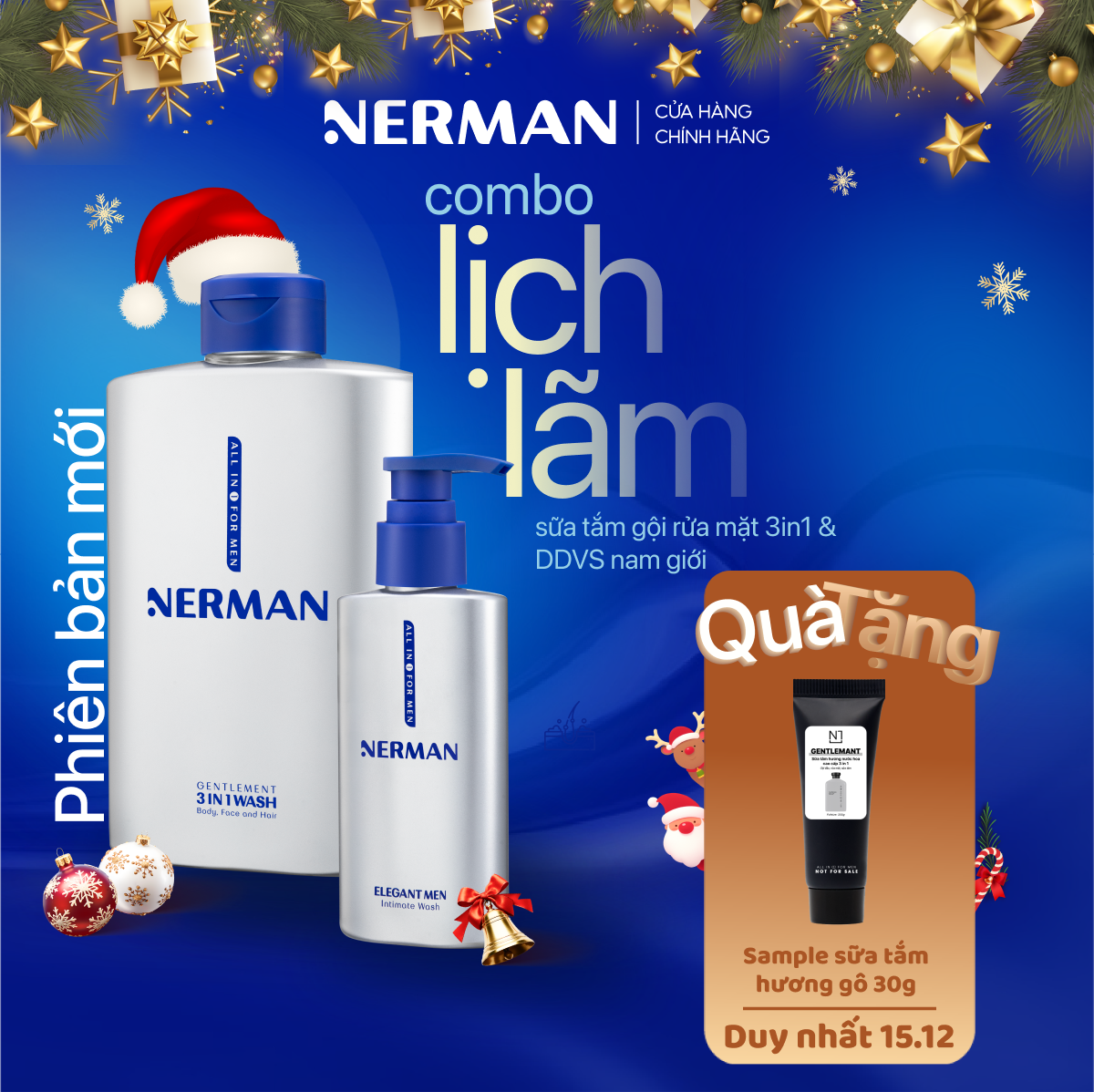 Combo Lịch Lãm Nerman - Sữa Tắm Gội Gentleman 3-In-1 Hương Nước Hoa Cao Cấp 350ml & Gel Vệ Sinh Nam Elegant 100g