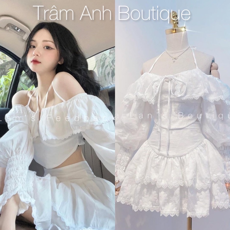 292 - set áo trễ vai + chân váy hoa trâm anh boutique