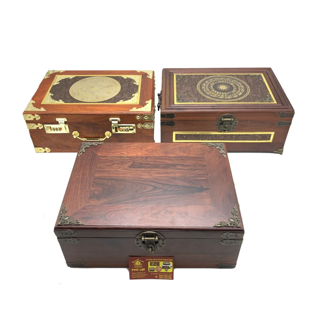 Hộp đựng gia phả cao cấp mặt trống đồng gỗ cẩm lai