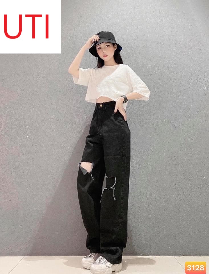 Quần jean ống rộng nữ lưng cao màu đen rách vạt phải 2 sọc trái hot dữ dội