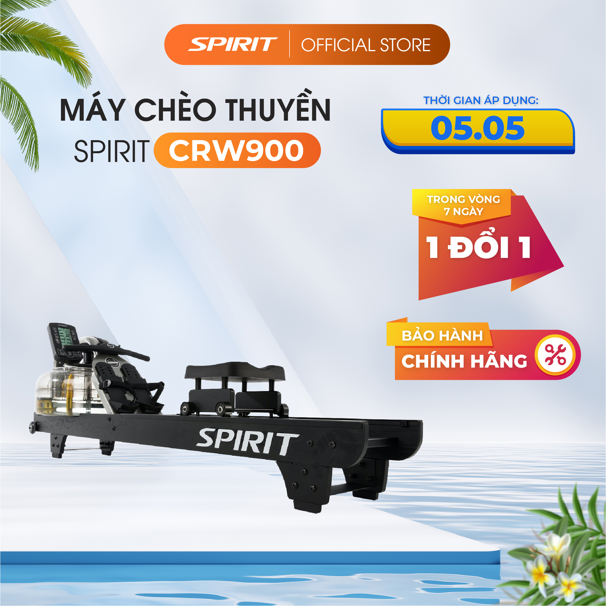 Máy chèo thuyền thể thao cao cấp Spirit CRW900, màn hình LCD, 10 cấp độ kháng lực, bảo hành chính hãng