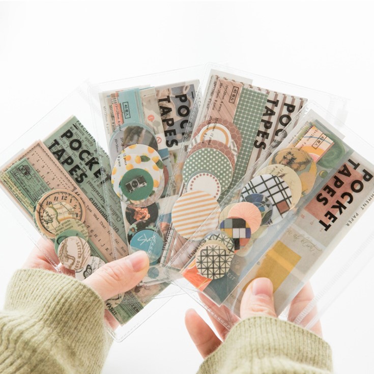 Bộ phụ kiện trang trí sổ tay vintage 40 món giấy nền, sticker - tặng kèm túi zip - Pocket tapes