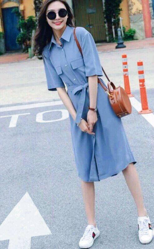 Đầm sơ mi xanh đậm túi hộp