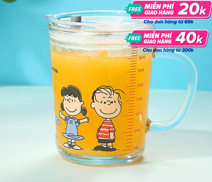 [Miễn phí vận chuyển toàn quốc] Cốc thuỷ tinh chia vạch 350ml, kèm theo ống hút silicon tiện lợi