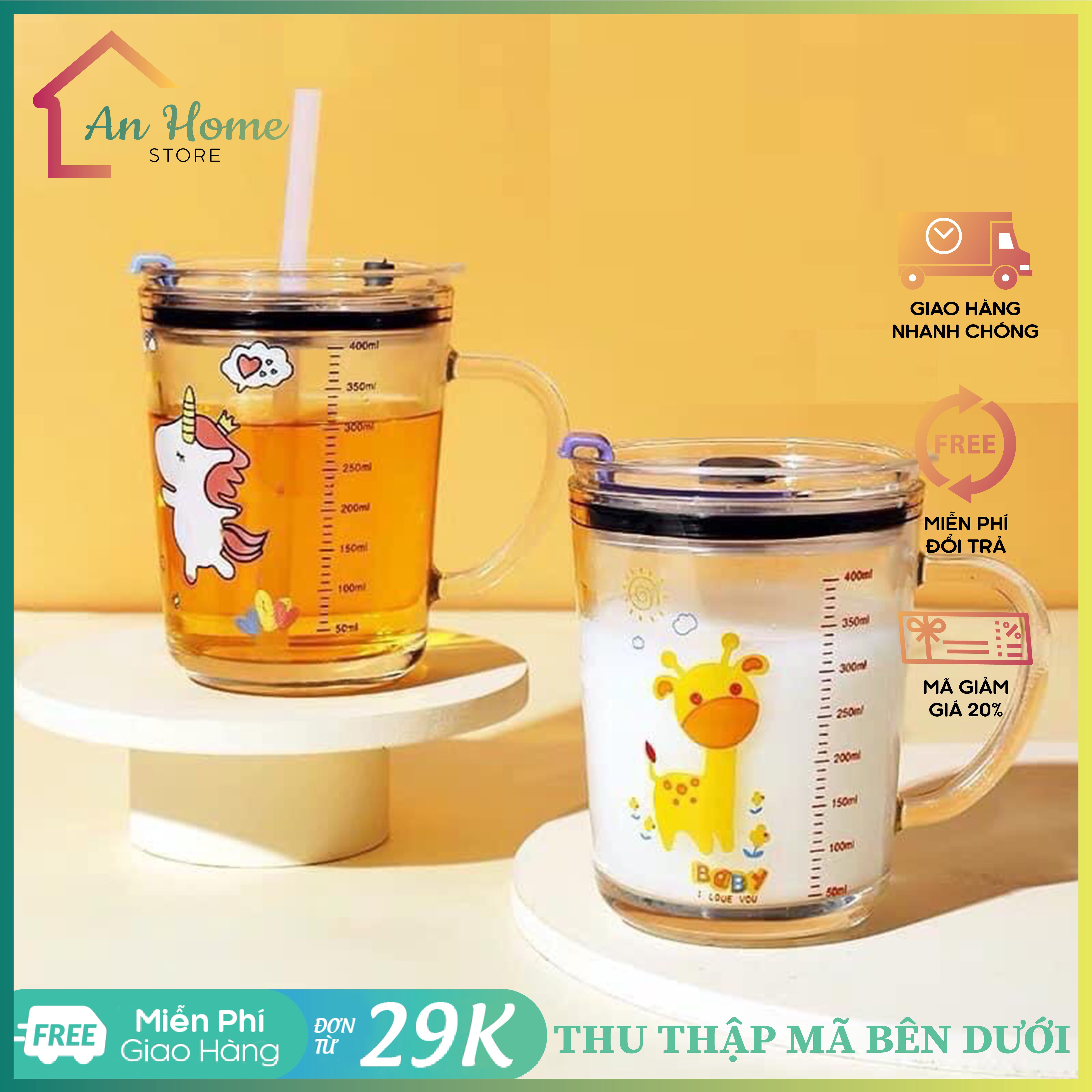 Cốc/ ly chia vạch kèm ống hút 350ml anhome, cốc/ ly pha sữa thuỷ tinh chia vạch kèm ống hút siêu tiện lợi