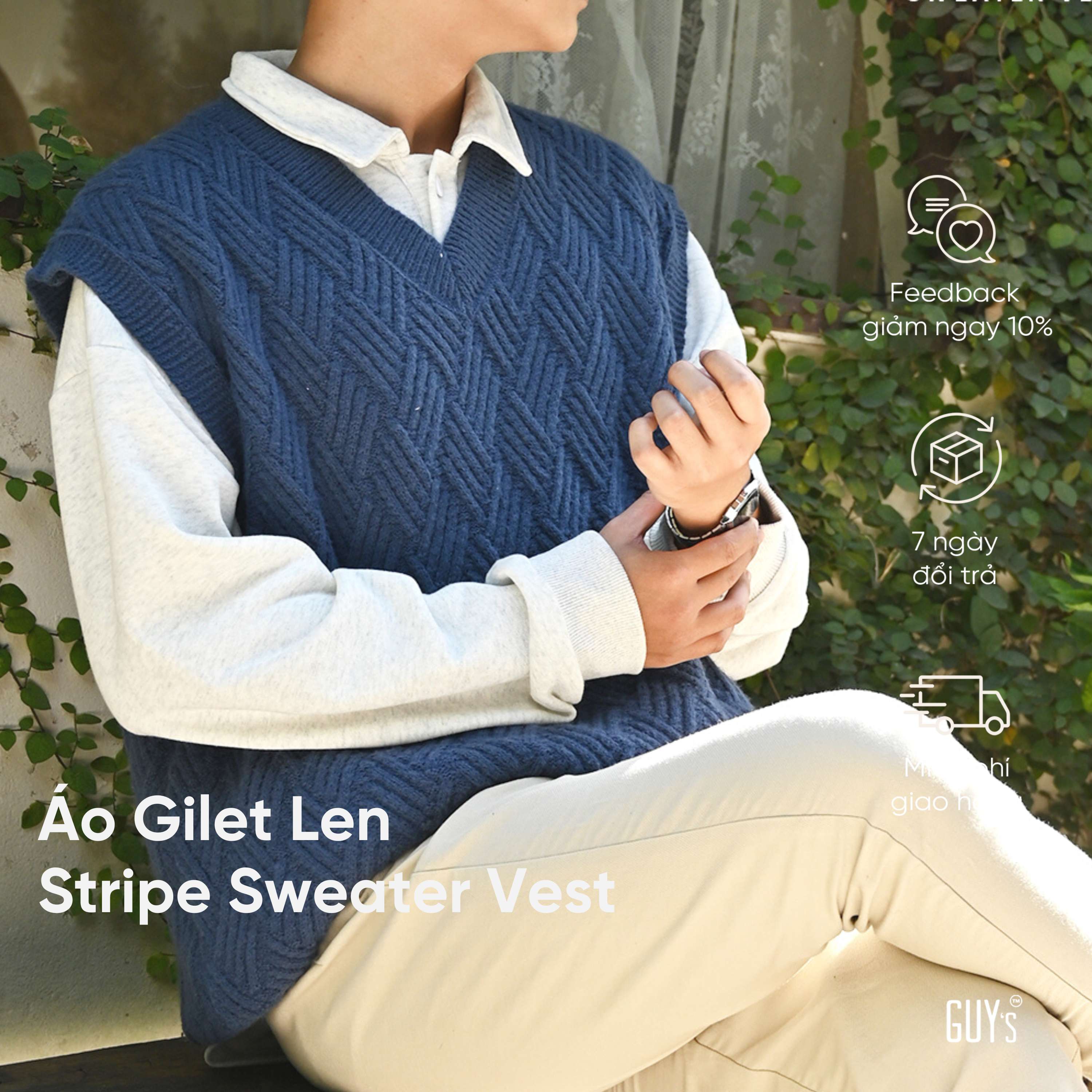 Áo gilet len stripe sweater vest guy's closet dày dặn mềm mại - áo len ghile nam nữ phong cách thanh lịch, hàn quốc