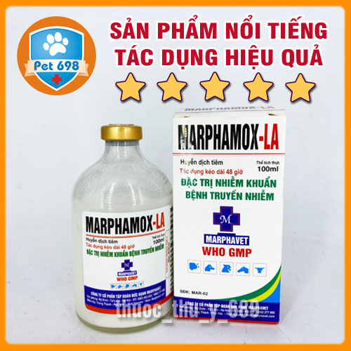 MARPHAMOX-LA 20ml Phòng, ch.ữa các bệnh viêm đường hô hấp, tiêu hóa, tiết niệu trên heo, trâu, bò, chó, mèo, thú cảnh