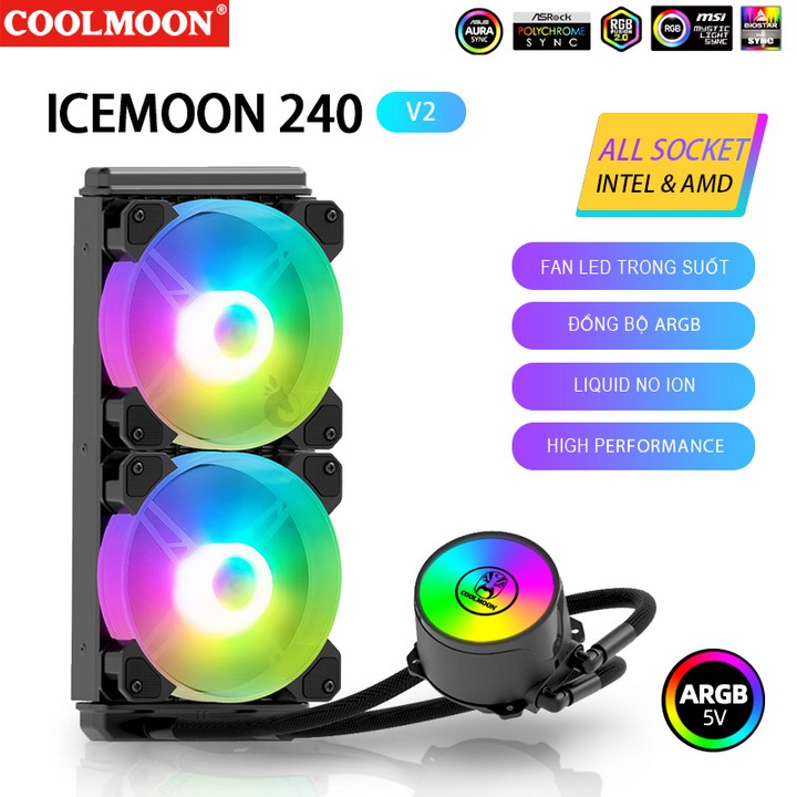 Tản nhiệt nước aio coolmoon ice moon 240 - 240mm -led argb 5v | support intel 12th, 13th gen