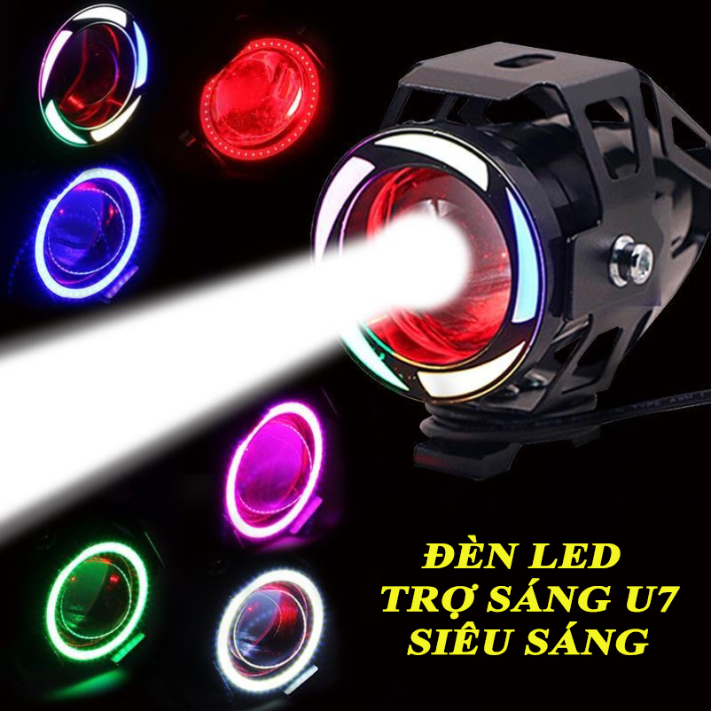 Đèn trợ sáng xe máy , đèn trợ sáng siêu sáng U7 , Đèn trợ sáng U7 mắt cú lồng nhôm lốc xoáy 7 màu gắn mọi loại xe.