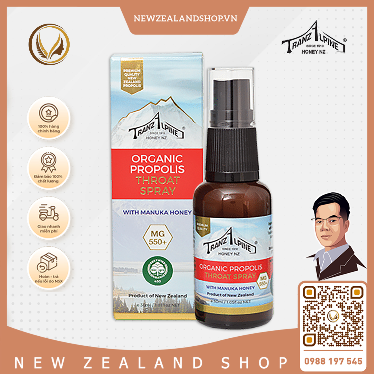 Xịt họng keo ong manuka MG550+ TranzAlpine Organic Propolis Throat Spray 30ml