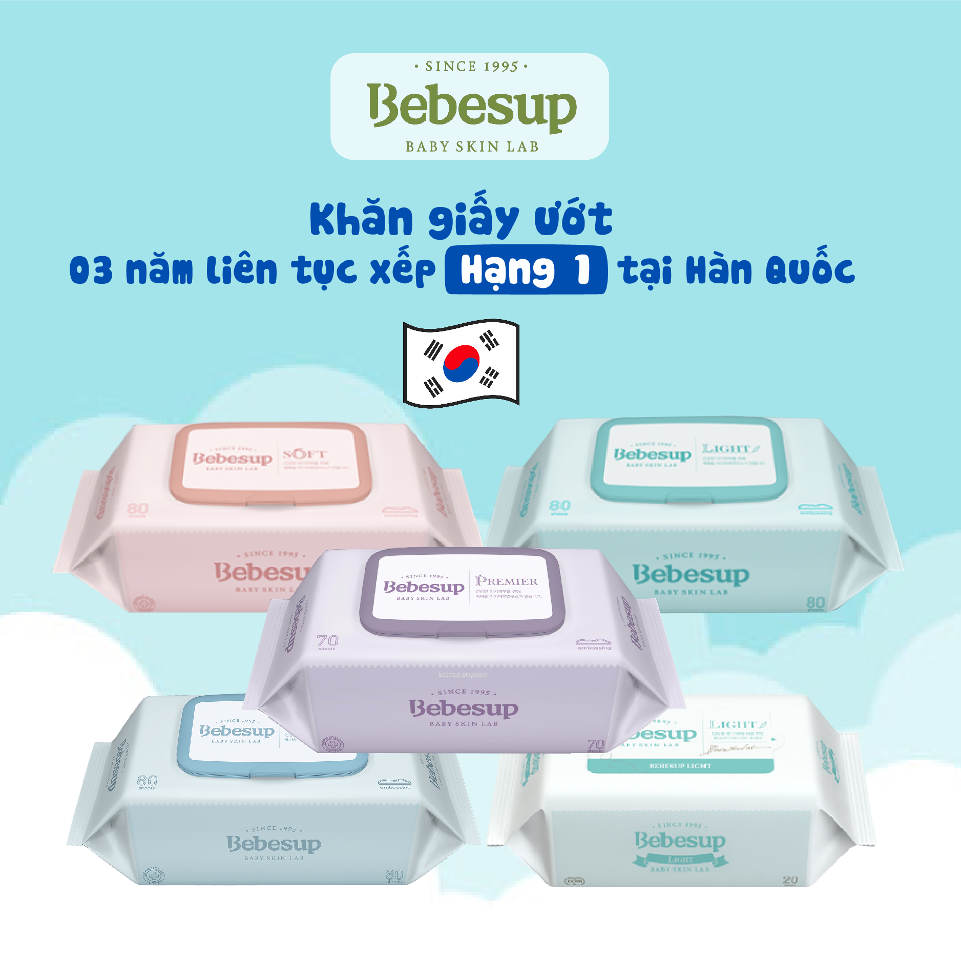 Sỉ thùng 10 gói Khăn giấy ướt không mùi cho bé sơ sinh BEBESUP Hàn Quốc