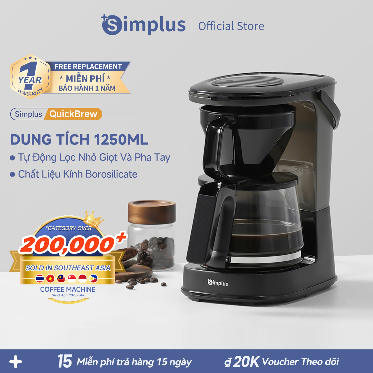   New Arrival Simplus Máy pha cà phê  Dung tích lớn 1.25L 10 Ly Tự động nhỏ giọt Pha thủ công Pha trà KFJH012- Bảo hành 1 năm 1 đổi 1 