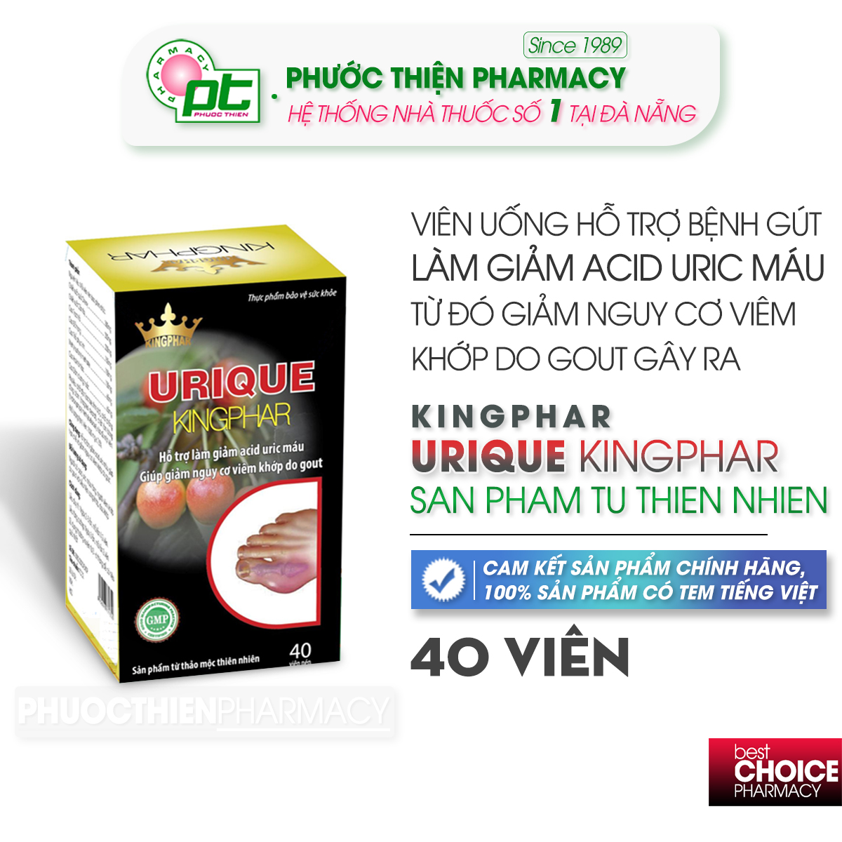 Viên uống hỗ trợ gút Urique Kingphar Viên Uống Hỗ Trợ Gout, Giảm Acid Uric Lọ 40 Viên