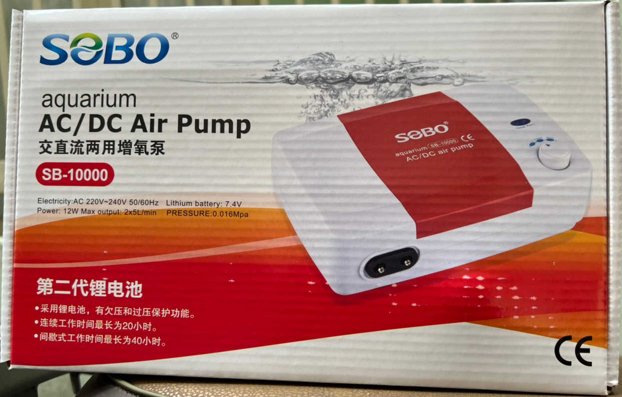 Máy thổi khí tích điện đề phòng cúp điện 2 vòi SOBO SB-10000 cs12W dùng cho bể cá cảnh, đi câu, TẶNG KÈM PHỤ KIỆN