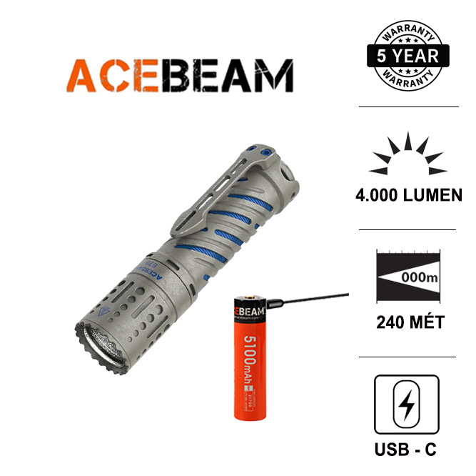 Đèn pin siêu sáng acebeam e70 titanium led xhp70.2 độ sáng 4000lumen, chiếu xa 240m, pin 21700 5100mah usb đèn đèn pin