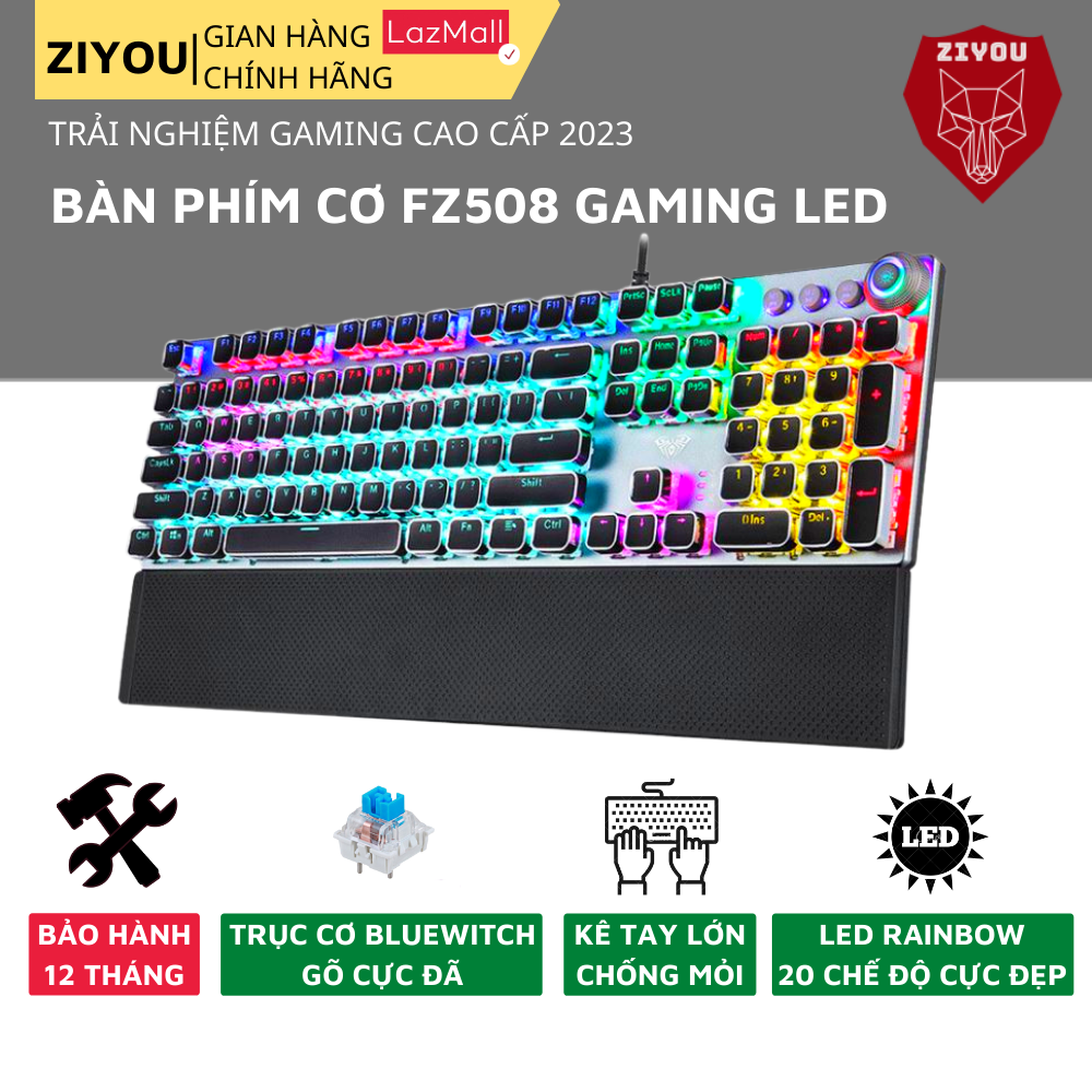 Bàn Phím Cơ Gaming RGB Máy Tính ZiYou FZ508, Dòng Bàn Phím Dây Chơi Game Chuyên Nghiệp, LED 20 Chế Độ Nháy Cực Đẹp, Phím Cơ Blue switch Gõ Siêu Đã, Có Bàn Kê Tay Chống Mỏi, Dùng Cho Máy Tính, Laptop - Bản Cao Cấp 2023