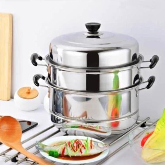 Nồi hấp 3 tầng 28 cm-Nồi hấp inox đa năng 2 tầng 3 đáy cao cấp