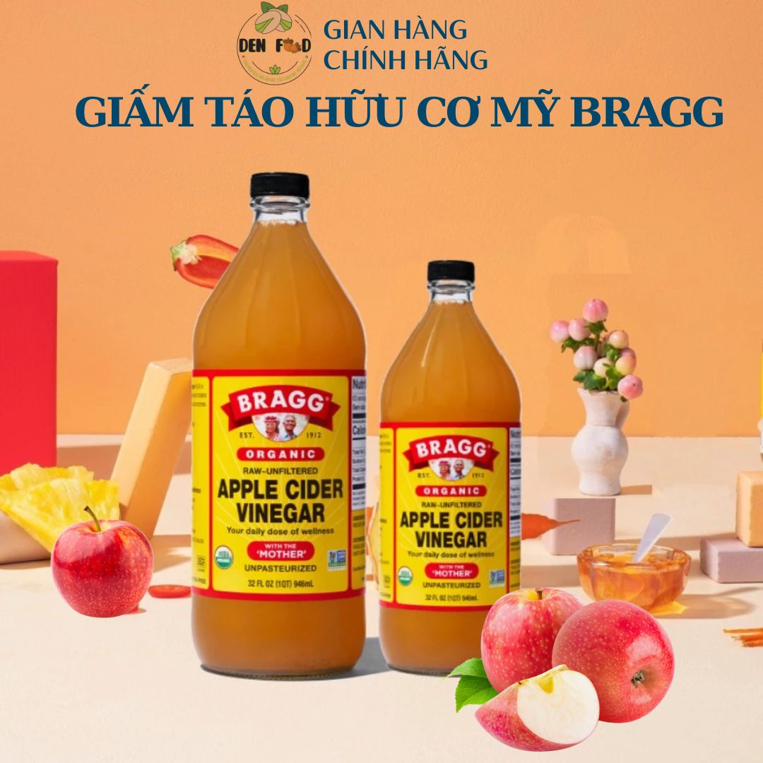 Giấm Táo Hữu Cơ Mỹ Bragg Chính Hãng Có Giấm Cái - Dấm Táo Giảm Cân Ăn Kiêng Eatclean_Ăn vặt Denfood