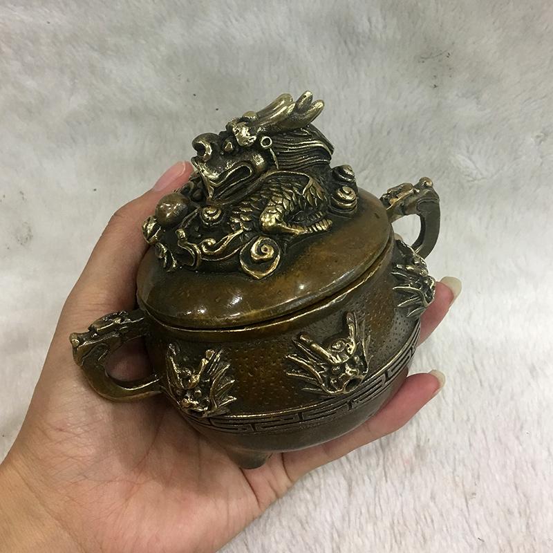 Lư trầm rồng chầu ngọc cỡ tiểu bằng đồng thau dùng để xông trầm hương