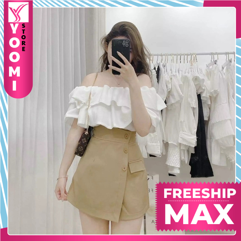Sét bộ đùi giả váy và áo nhún 2 bèo trễ vai xinh xắn dễ thương thời trang Yoomi Store