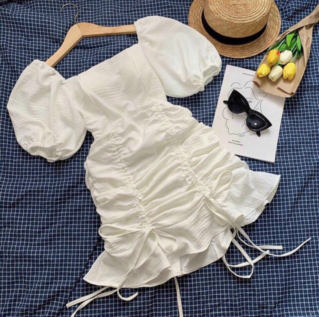 [HCM]Đầm trắng nữ tay bồng đuôi cá dúng rút dây hai bên [Ảnh thật shop chụp]