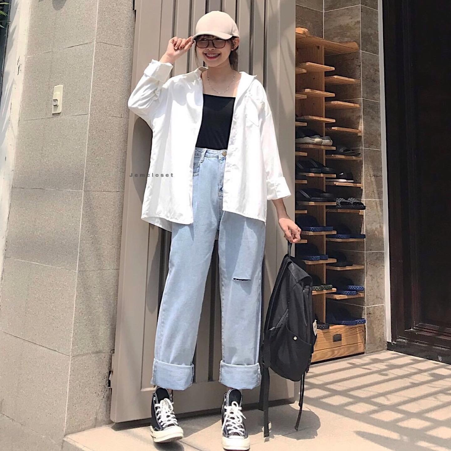 Set baggy jeans ống suông 1 line + set 2 món sơ mi tay dài